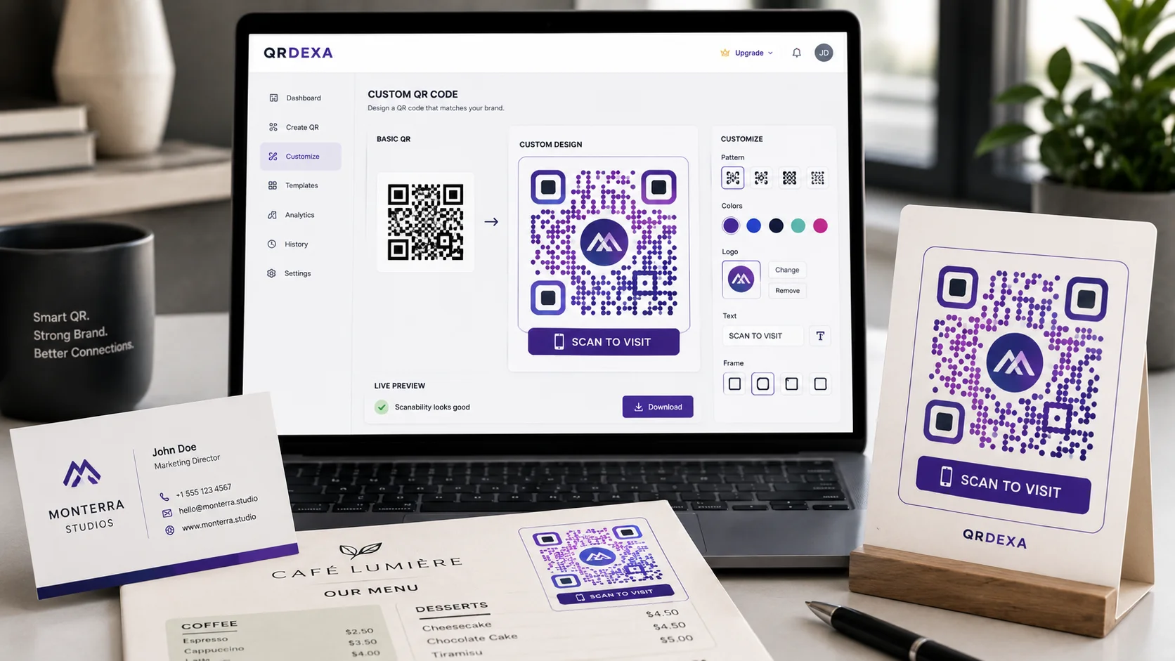Custom QR code designed with colors, pattern, logo and text using QRDEXA