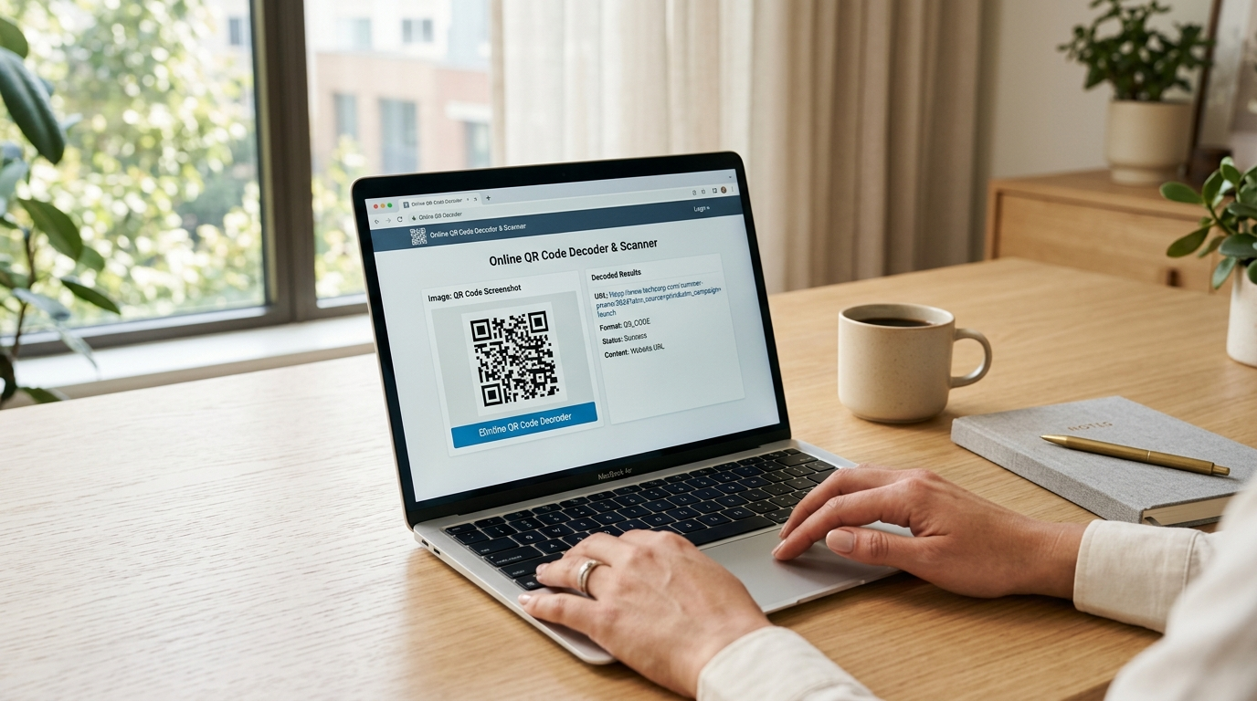 Laptop operating QRDEXA QR Code Decoder app inspecting a QR code screenshot and revealing decoded URL details