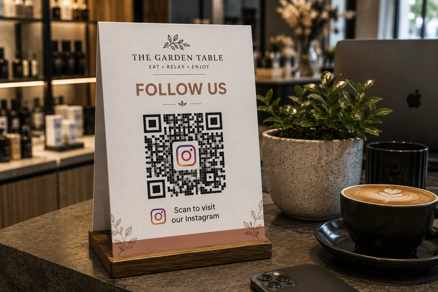 Customer scanning a Facebook QR code standee at a business reception desk to like the page