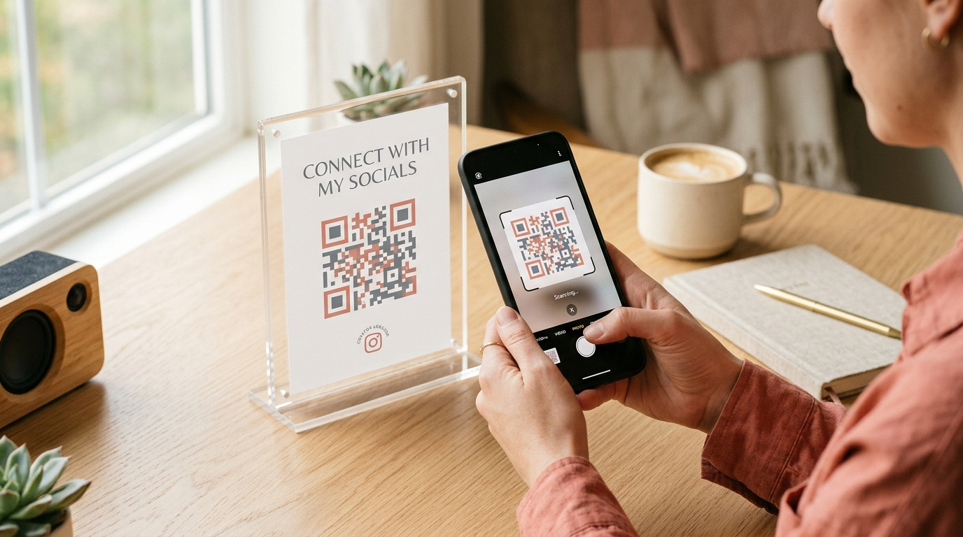Person scanning a custom Link in Bio QR code displayed on an acrylic tabletop standee using a smartphone