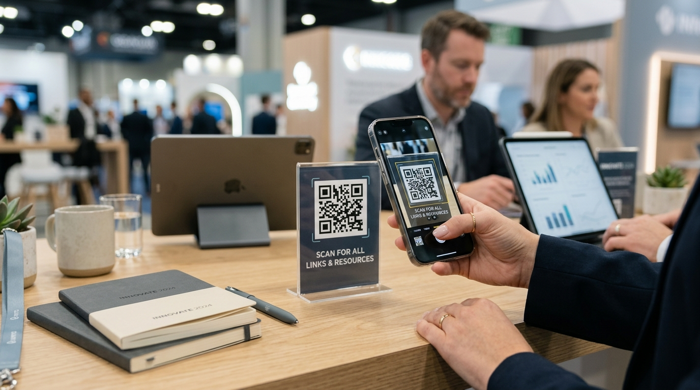 Person scanning a custom Multi URL QR code displayed on a corporate exhibition tabletop standee using a smartphone