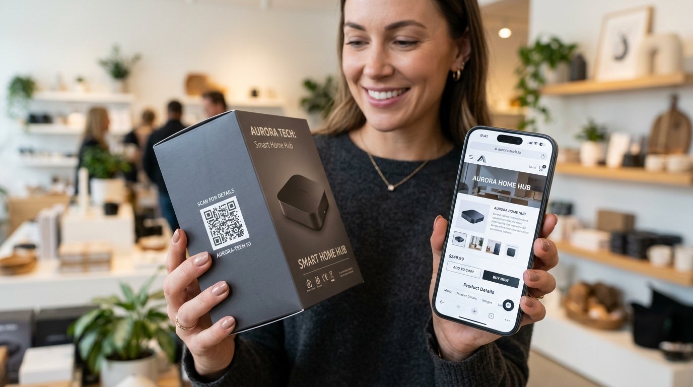 Customer holding retail package with website URL QR code next to smartphone displaying landing page