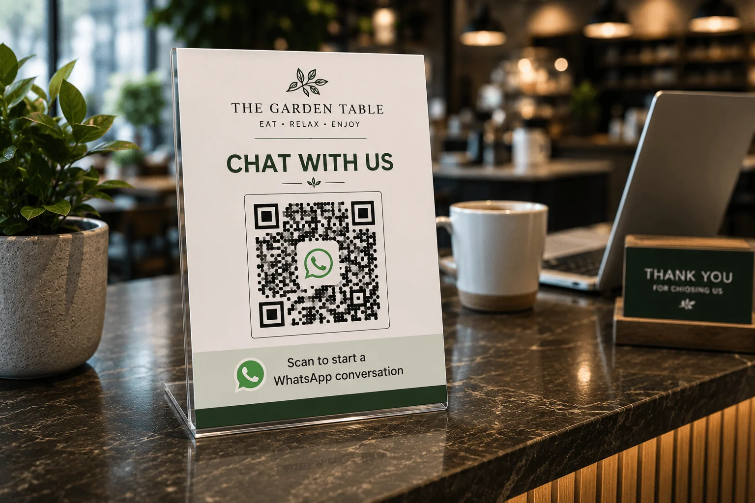 Customer scanning a WhatsApp QR code on a store counter to start a chat