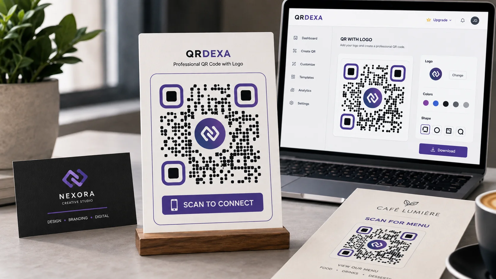 Custom QR code with a centered brand logo created using QRDEXA